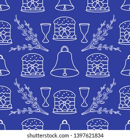 Seamless pattern with Easter cakes, willow branches, bells, wine glasses. Happy Easter. Festive background. Design for banner, poster or print.