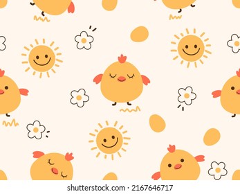 Seamless pattern with Easter chick cartoons, sun and daisy flower on yellow background vector illustration. Cute childish print.