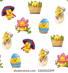 Seamless pattern Easter chick, yellow baby chicken, set of little cartoon bird