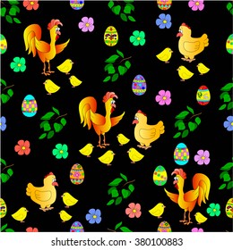 Seamless pattern with Easter chicken, cock, eggs on a black background, can be used for wallpaper, pattern fills, web page background,surface textures.