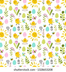 Seamless pattern with Easter chicken end eggs. Vector illustration for your design