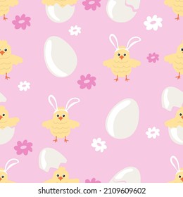 Seamless Pattern With Easter Chicks. Cute Chicken Cracking From Egg Shell Wearing Easter Bunny Ears. Holydays Pattern For Banners, Posters, Cards, Wrapping. Vector Illustration