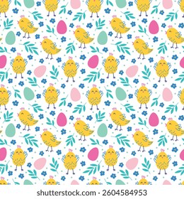 Seamless pattern with Easter chicks and dyed eggs. Easter vector background design for wrapping paper, textile and fabrics