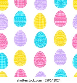 Seamless pattern with easter color eggs. Vector. Yellow, blue, pink and violet colors.