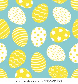 Seamless pattern of Easter colorful bright decorated eggs. Cute background for spring holiday. Vector illustration