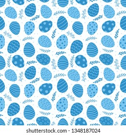 Seamless pattern of Easter colorful bright decorated eggs, leaves and dots on white background. Cute background for spring holiday. Vector illustration