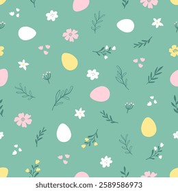 Seamless pattern of Easter colorful bright decorated eggs, leaves and flowers. Cute background for spring holiday. Vector illustration