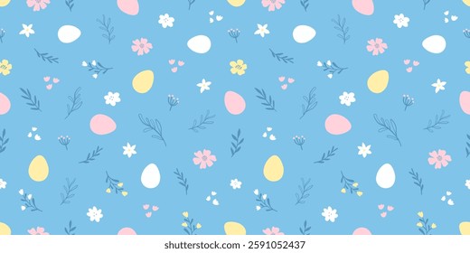 Seamless pattern of Easter colorful bright decorated eggs, leaves and flowers. Cute background for spring holiday. Vector illustration