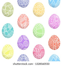Seamless Pattern of Easter colorful eggs with white hand drawn decor. Vector holliday background, textile print, wrapping.