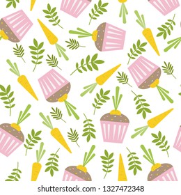 Seamless pattern with easter cupcake, carrots and green leaves. Vector illustration for spring and summer holidays, wrapping paper, printing, cards, background