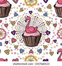 Seamless pattern  Easter cupcake with Flamingo and Sweet pastries, and Heart. Design for any purpose. Pattern. Endless texture for fabric and paper in cartoon style