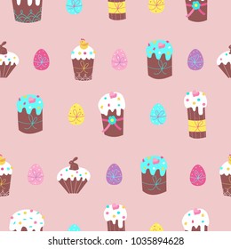 Seamless pattern for Easter. Cute Easter cakes and painted eggs. Vector illustration.