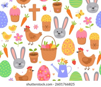 Seamless pattern for Easter day. Different cute illustrations on a white background. Bunny, Easter eggs, hen, basket, cupcake, spring flowers.