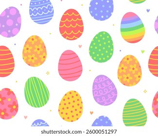 Seamless pattern for Easter day. Various colored Easter eggs with patterns on a white background. Cute illustration, pastel colors.