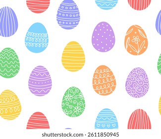 Seamless pattern for Easter day. Various Easter eggs with doodle patterns, white background.