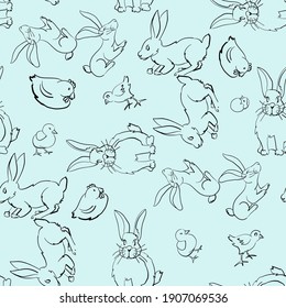 Seamless pattern for Easter decor with the image of a rabbit, chicken, chicken on a gray background