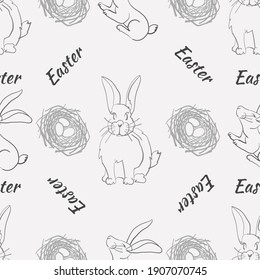 Seamless pattern for Easter decor with the image of a rabbit, nest, eggs on a gray background