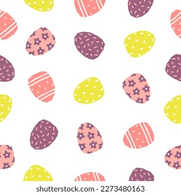 Seamless pattern with Easter decorated eggs. Cutout colorful eggs on white background. Vector illustration
