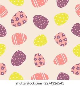 Seamless pattern with Easter decorated eggs. Cutout colorful eggs on pink background. Vector illustration