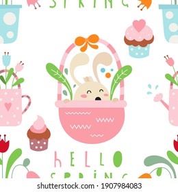 Seamless pattern for Easter design of wrapping paper – easter bunny in basket, flower and sweets. Vector illustration for packaging. Pattern is cut, no clipping mask.