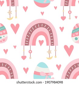 Seamless pattern for Easter design of wrapping paper – rainbow, easter eggs and hearts. Vector illustration for packaging. Pattern is cut, no clipping mask.