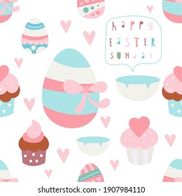 Seamless pattern for Easter design of wrapping paper – easter eggs and cupcakes. Vector illustration for packaging. Pattern is cut, no clipping mask.