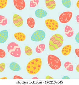 Seamless pattern for Easter with different eggs. Perfect for holiday decoration, greeting cards, scrapbooking, party invitation, poster, sticker. Cartoon vector illustration
