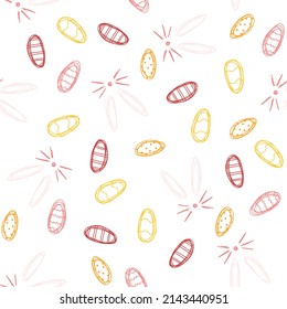 Seamless pattern with Easter egg and bunny in hand drawn cartoon childish style. Colorful vector illustration of spring holiday background