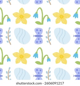 Seamless pattern with Easter egg, butterfly, snowdrop, willow, daffodil
