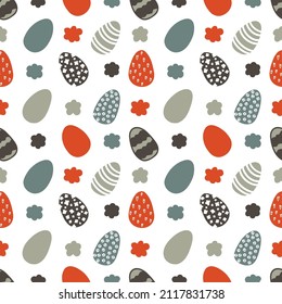 Seamless pattern with Easter egg and flowers, vector, white background