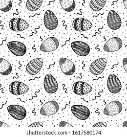 Seamless pattern Easter egg painted with hearts, ornament in Art line style, Doodle. Vector stock illustration of an isolated white background. Spring holiday. Happy Easter.