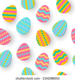 Seamless pattern of Easter Egg Paper cut. Cute layered Eggs Hunt greeting card isolated on white. Geometric holidays colorful backdrop. Festive frame, wrap, sale, article, add. Vector Illustration