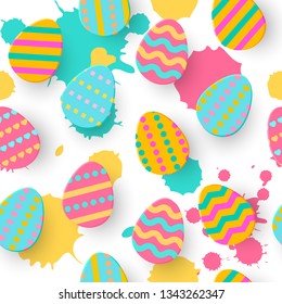 Seamless pattern of Easter Egg Paper cut style. Cute layered Eggs Hunt greeting card. Ink brush holiday colorful backdrop, papercut. Festive posters, wrap, sale, article, add, web. Vector Illustration