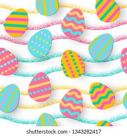 Seamless pattern of Easter Egg Paper cut style. Cute layered Eggs Hunt greeting card. Ink brush holiday colorful backdrop, papercut. Festive posters, wrap, sale, article, add, web. Vector Illustration