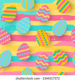 Seamless pattern of Easter Egg Paper cut style. Cute layered Eggs Hunt greeting card. Ink brush holiday colorful backdrop, papercut. Festive posters, wrap, sale, article, add, web. Vector Illustration