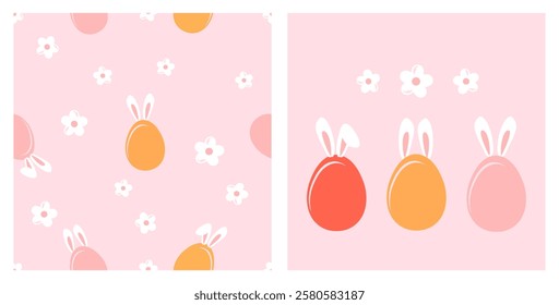 Seamless pattern with Easter egg, rabbit ears and daisy flower on pink background vector.