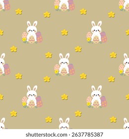 seamless pattern Easter egg with rabbits and flowers.pastel color cute cartoon character .Vintage artwork background element template for printed fabric paper wrapping card interior digital art.