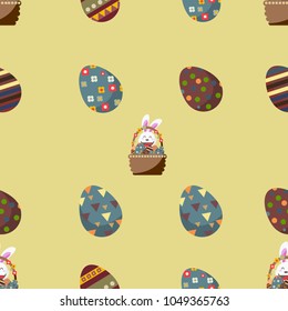 Seamless pattern with easter egg, white rabbit and egg basket. brown background Vector illustration.