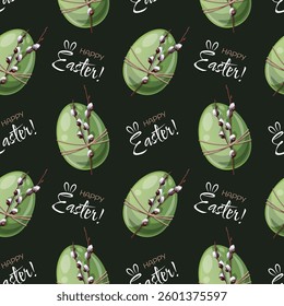 Seamless Pattern with Easter Egg and Willow Branches. Easter Background for Fabric, Wallpaper, Wrapping Paper, etc. Happy Easter Design. 