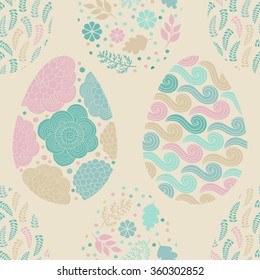 Seamless pattern with Easter eggs with abstract wave, floral, doodle patterns. Vector background