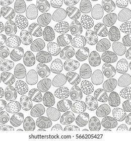Seamless pattern with Easter eggs. Adult coloring book. Easter hand-drawn decorative elements in vector.  Black and white pattern.  Zentangle.