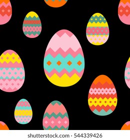 Seamless pattern for Easter = eggs and basket in bright colors. vector illustration, design for wrapping paper, background, textile. 