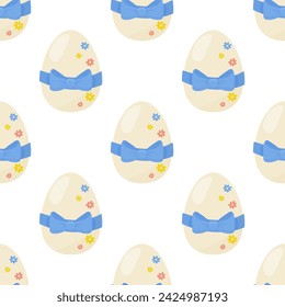 Seamless pattern easter eggs with blue bow. Vector illustration. For your design, wrapping paper, fabric.