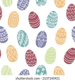 Seamless pattern Easter eggs in boho style. Vertical repeating pattern, muted tones. Design for fabric, backgrounds, wrapping paper