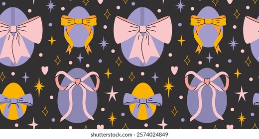 Seamless pattern with Easter eggs, bows and stars. Traditional holiday decor. Trendy modern vector illustration on black background, hand drawn, flat design