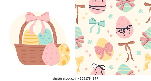 Seamless pattern with Easter eggs and bows