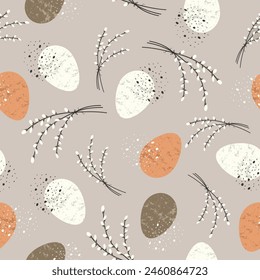 Seamless pattern with Easter eggs and a branch of willow in nature style in beige colors. Vector for poster, print, card, invitation, congratulations, tag.