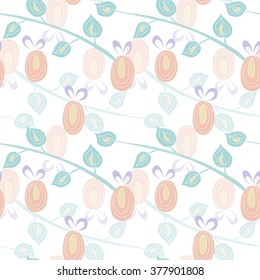 Seamless pattern with Easter eggs and branches with leaves on a white background. Vector eps10.