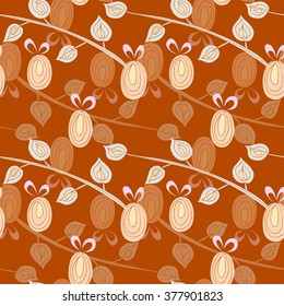 Seamless pattern with Easter eggs and branches with leaves on a dark red background. Vector eps10.