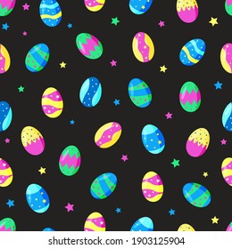 Seamless pattern of Easter eggs, bright colorful vector illustration on a black background.